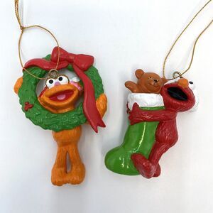Pair Of 2002 Kurt Adler Sesame Street Zoe & Elmo Christmas Ornaments Jim Henson